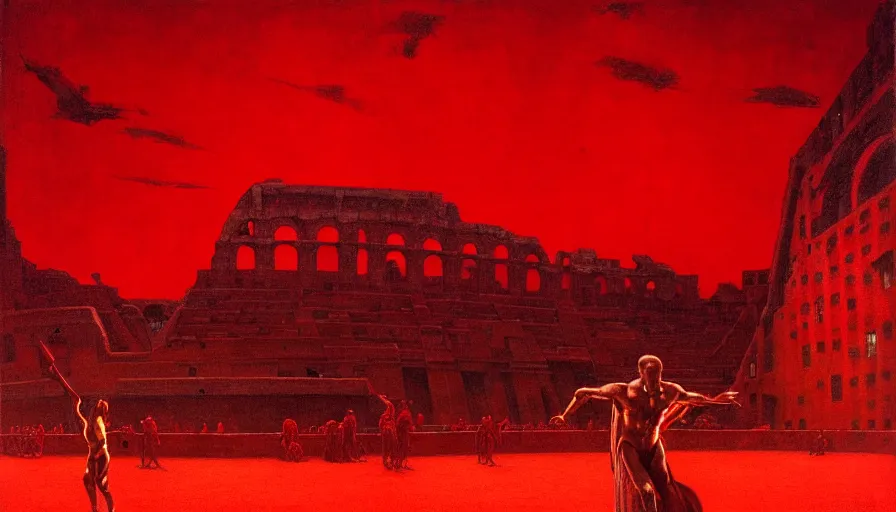 Image similar to only with red, a lightly armored gladiator in a crowded roman amphitheatre, crowd cheering, in the style of beksinski and edward hopper and rodcenko and yue minjun and rolf armstrong, intricate and epic composition, red by caravaggio, highly detailed, masterpiece, red light, artstation