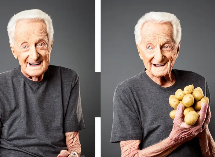 Image similar to studio portrait photo still of bob barker!!!!!!!! at age 7 3 years old 7 3 years of age!!!!!!! wearing a tank top holding a bag of potatos, 8 k, 8 5 mm f 1. 8, studio lighting, rim light, right side key light