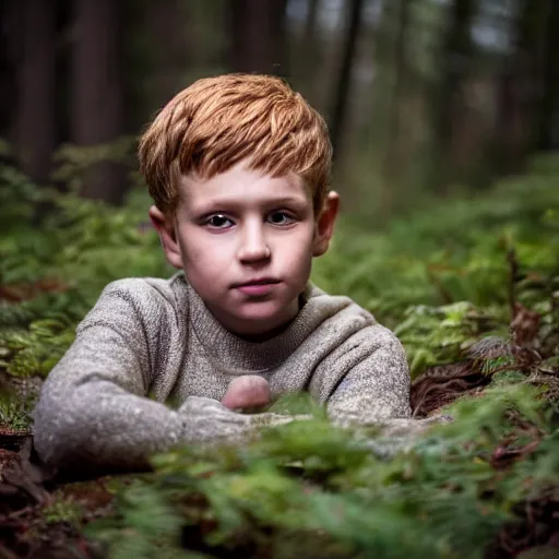 Image similar to A lost boy in the woods finds gingerbread crumbs, XF IQ4, 150MP, 50mm, f/1.4, ISO 200, 1/160s, natural light, Adobe Photoshop, Adobe Lightroom, DxO Photolab, Corel PaintShop Pro, rule of thirds, symmetrical balance, depth layering, polarizing filter, Sense of Depth, AI enhanced, sharpened, denoised