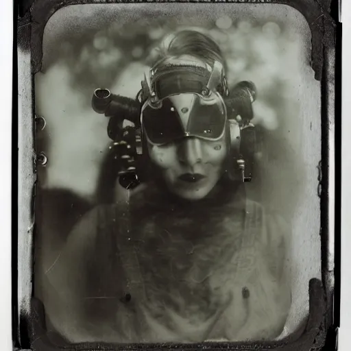 Prompt: tintype photographs of techno shamans, telepaths, dieselpunk cyborgs, masked heroes, irradiated humans, mystic mutates and monster hunters