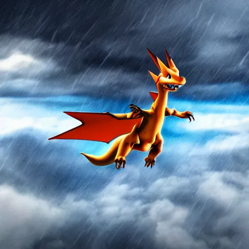 Prompt: charizard, flying in a stormy sky highly detailed, 4 k, hdr, smooth, sharp focus, high resolution, award - winning photo, boris valejo, photorealistic