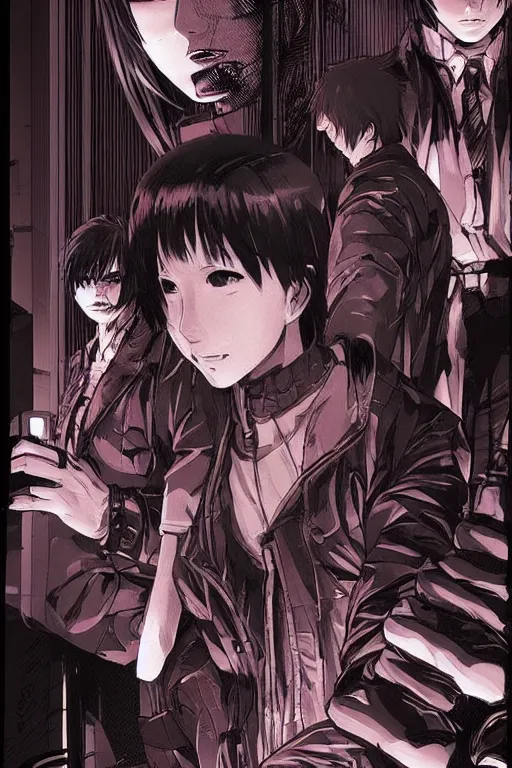 Prompt: webtoons, webcomic, professionally drawn 9 0 s seinen cyberpunk horror action manga cover art, mangaka drawn by ilya kuvshinov, pencils by ilya kuvshinov, full color, designs by tsutomu nihei