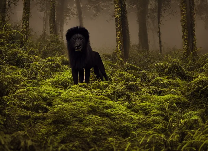 Image similar to professional wildlife photograph of a black lion standing in a foggy misty black dark jungle at night, surrounded by dense dark trees at night, moss, ferns, cinematic lighting, apex predator, natgeo