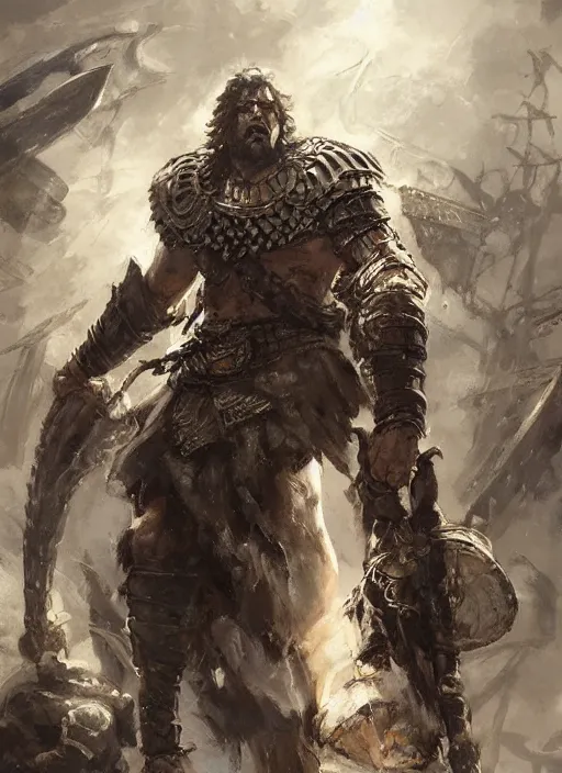 Image similar to ancient historically accurate depiction of the Bible Character Goliath of Gath, the Philistine warrior giant in ancient persian chainmail armor, dramatic lighting art by Yoji Shinkawa by Richard Schmid by greg rutkowski by Sandra Chevrier by Jeremy Lipking cinematic dramatic