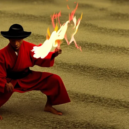 Prompt: cinematic film still Pharrell Williams starring as a Samurai holding fire, Japanese CGI, VFX, 2003, 400mm lens, f1.8, shallow depth of field,film photography