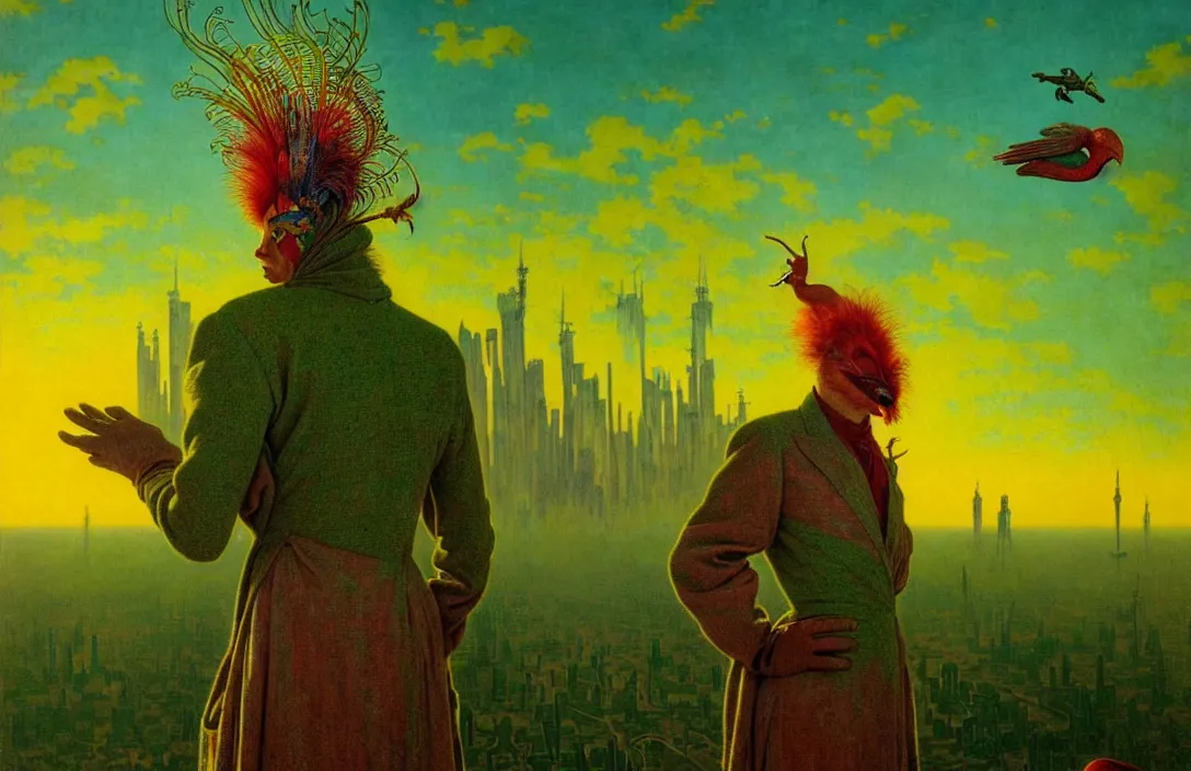 Image similar to realistic detailed portrait movie shot of a birdman wearing green robes, futuristic city sunset landscape background by denis villeneuve, yves tanguy, alphonse mucha, ernst haeckel, max ernst, roger dean, masterpiece, rich moody colours, feathers, ethereal, occult, blue eyes