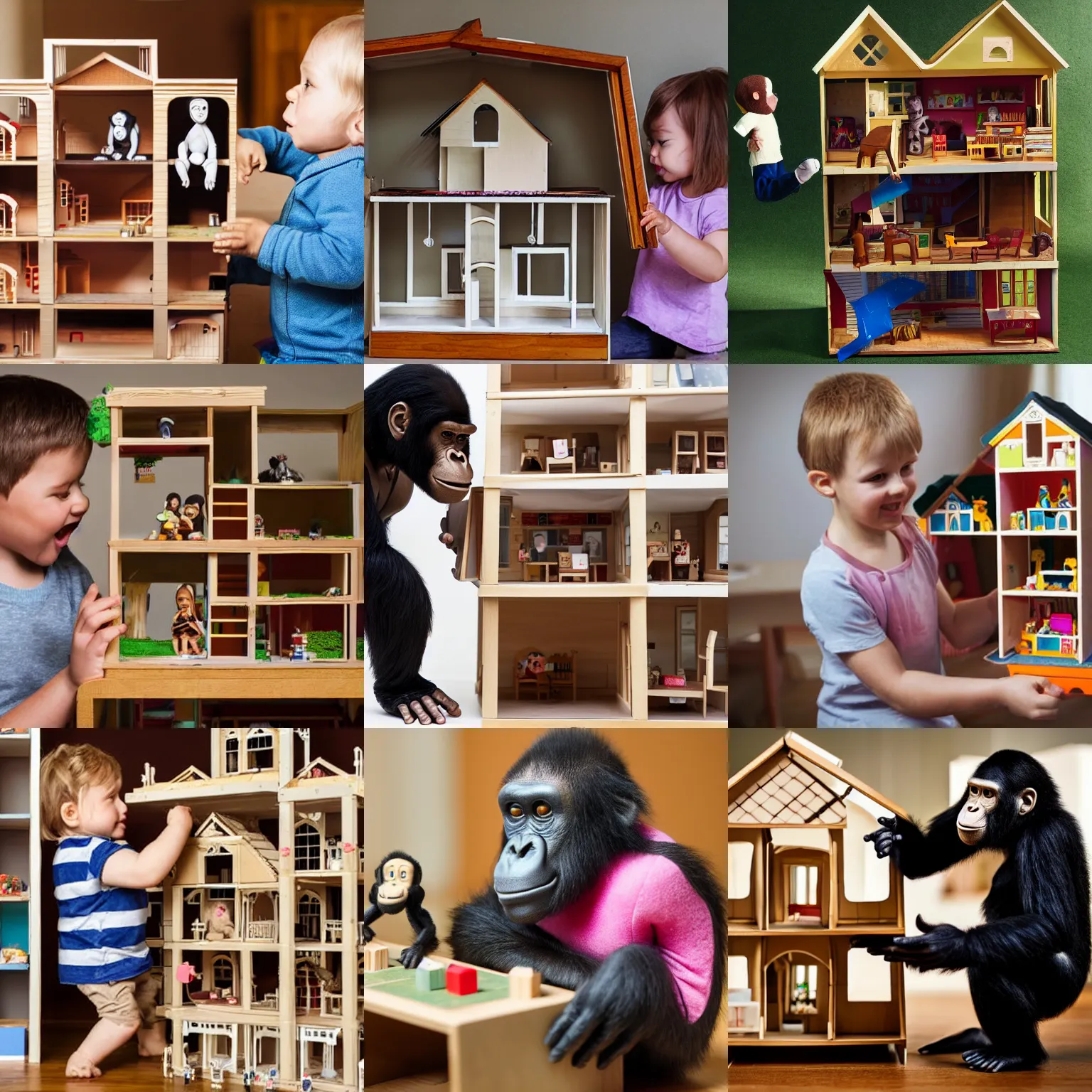 Prompt: an ape playing with a doll house