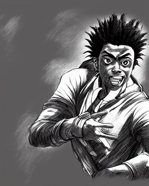 Image similar to a very detailed pencil drawing of kodak black in demon slayer manga panel, action lines, greg rutkowski, in field high resolution, dynamic pose, landscape, medium portrait, action, hyper realistic, manga, koyoharu gotouge, sakuga