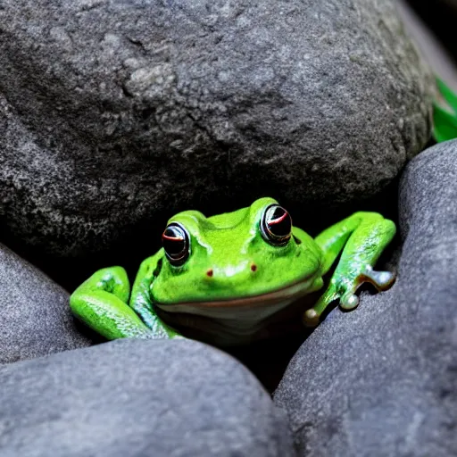 Prompt: a frog on a rock behind the frog is a great big forest