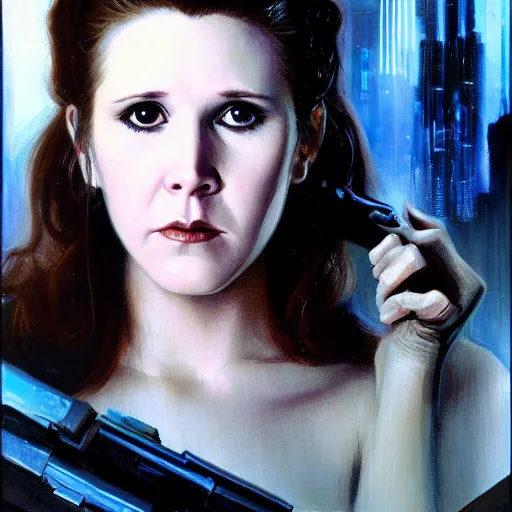 Prompt: a portrait of a young Carrie Fisher as a replicant from blade runner, detailed, centered, digital painting, artstation, concept art, donato giancola, Joseph Christian Leyendecker, WLOP, Boris Vallejo, Breathtaking, 8k resolution, extremely detailed, beautiful, establishing shot, artistic, hyperrealistic, beautiful face, octane render