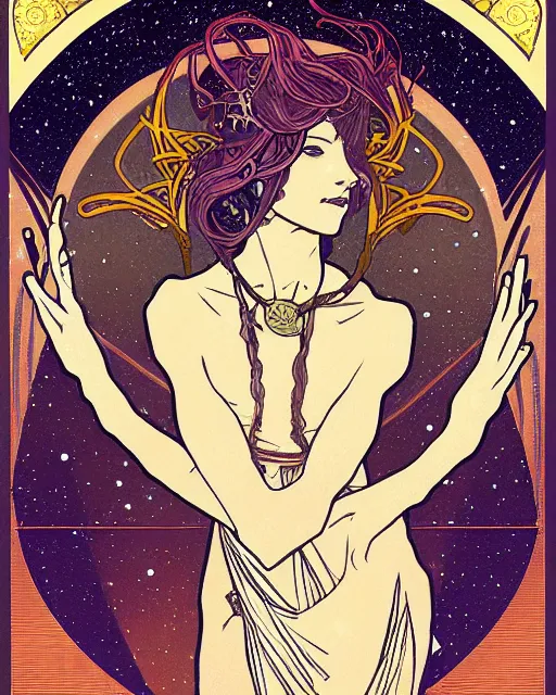 Prompt: a portrait of a galaxy as an androgynous druid sp, occult, ornate, minimal, bust by alphonse mucha, decorative art nouveau border, astrophotography, vast cosmos, digital illustration, trending on artstation