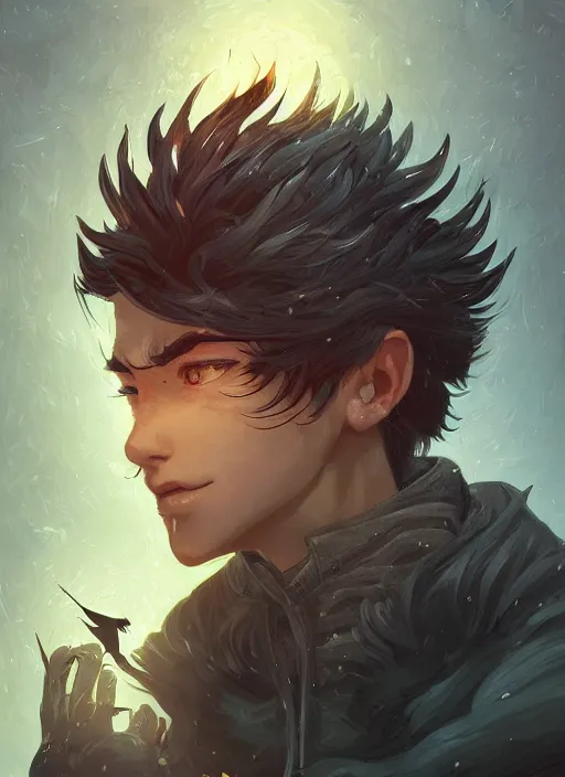 Image similar to beauty boy with a crows nest on his head, cruelty, black crows, light effect, hyper detailed, intricate, elegant, highly detailed, digital painting, artstation, concept art, matte, sharp focus, illustration, by dan mumford, yusuke murata, makoto shinkai, ross tran