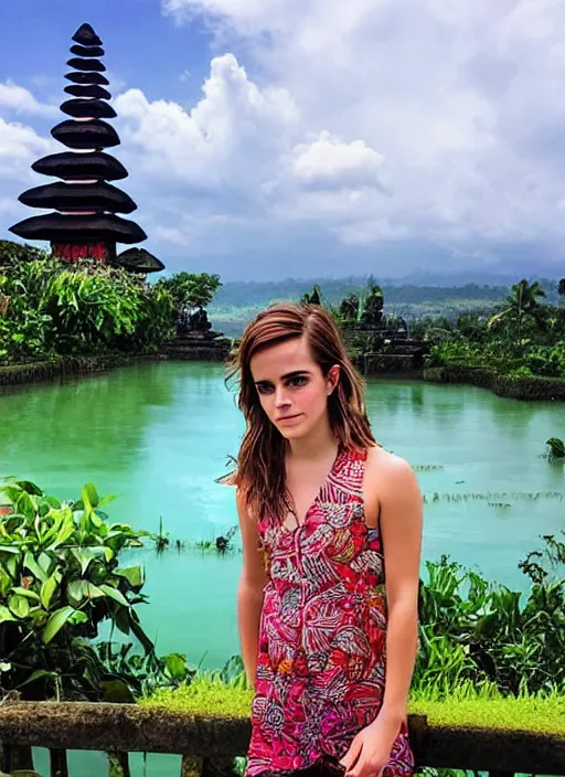 Prompt: emma watson wearing batik bali in bali. temple, lake, rice field, ocean. front view. instagram closeup holiday photo shoot, perfect faces, beautiful light