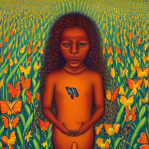 Prompt: “butterfly in a cornfield, detailed oil painting by Mati Klarwein”