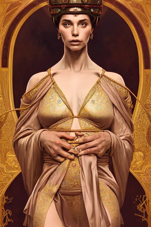 Prompt: body portrait of beautiful roman pincess wearing a flowing silk robe, wearing an ornate ancient headress, by terry o'neill intricate, elegant, highly detailed, digital painting, artstation, concept art, smooth, sharp focus, bold lighting, deep colors, dark background, illustration, art by artgerm and greg rutkowski and alphonse mucha, 8 k