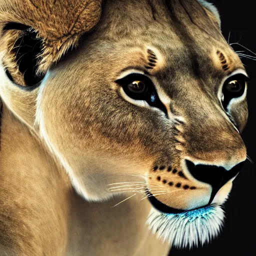 Image similar to professional photograph portrait of lioness anthropomorphic princess, intricate complexity, manga styling, symmetry, subsurface scatter, drum scanner, 8k render