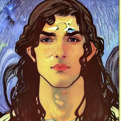 Prompt: portrait painting of young handsome beautiful paladin elf!! man with long! wavy dark hair in his 2 0 s named taehyung adam at the blueberry party, wearing armor!, long hair, elf ears, blue eyes, blueeyes!, elegant, delicate, soft facial features, art, art by alphonse mucha, vincent van gogh, egon schiele,