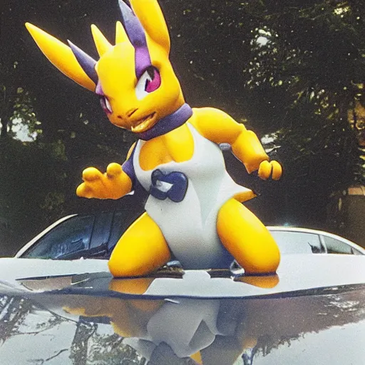 Image similar to 90s vignette photo of Renamon from Digimon washing a 90s car in a suburban neighborhood, realistic Polaroid picture, weathered artifacts