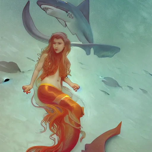 Prompt: shark mermaid, lower half traffic cone, full body, underwater background detailed atmospheric - ron cheng & alphonse mucha, highly detailed, digital painting, ray tracing, concept art, illustration, smooth sharp focus, intricate, symmetry, artstation,