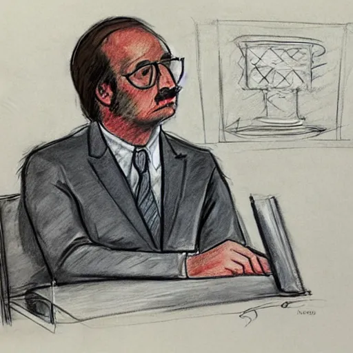 Prompt: court sketch of saul goodman, with trimmed mustache, wearing glasses, wearing prison jumpsuit, being cross - examined on the stand during trial, sketch by marilyn church