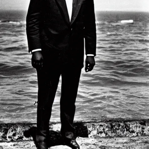 Image similar to vintage photo of a black man wearing a black suit in front of rio de janeiro