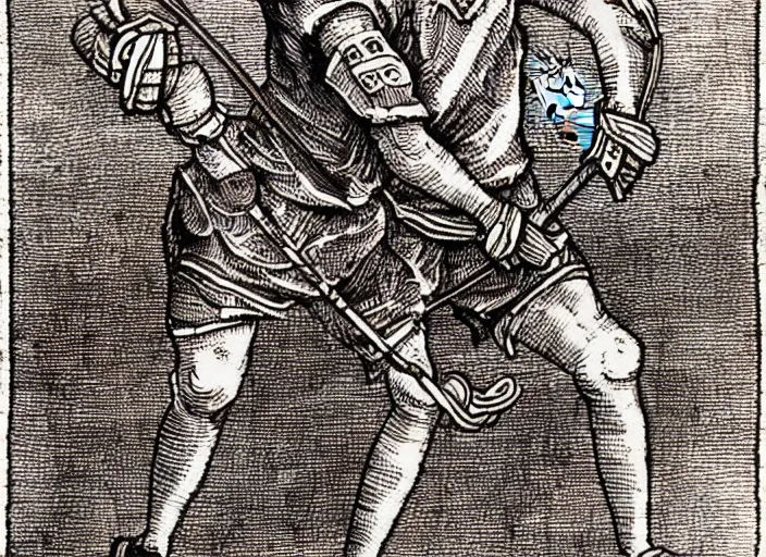 Image similar to lacrosse player, highly detailed, 8k, intricate, Albrecht Durer style