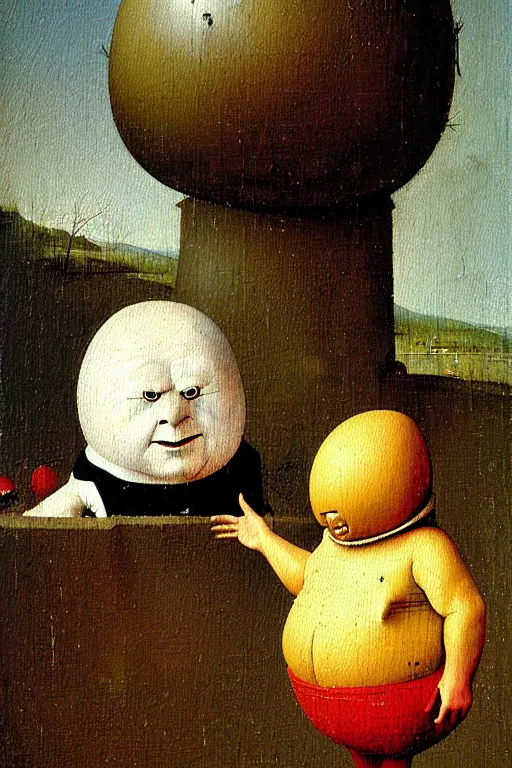 Image similar to hieronymus bosch and greg rutkowski, oil painting of short fat humpty dumpty