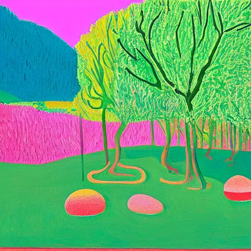 Prompt: painting of a lush natural scene on an alien planet by david hockney. beautiful landscape. weird vegetation. cliffs and water.