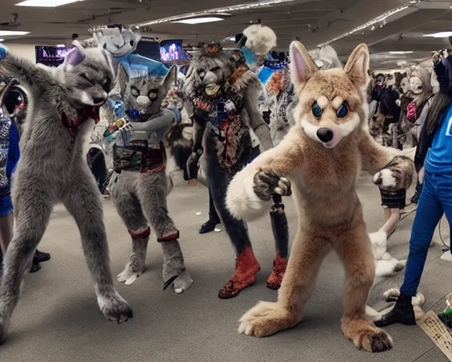 Image similar to high - resolution photograph from a nanopunk era furry fandom convention ( midwest furfest 2 0 4 7 ), taking place after the genetic revolution and singularity. photorealistic.