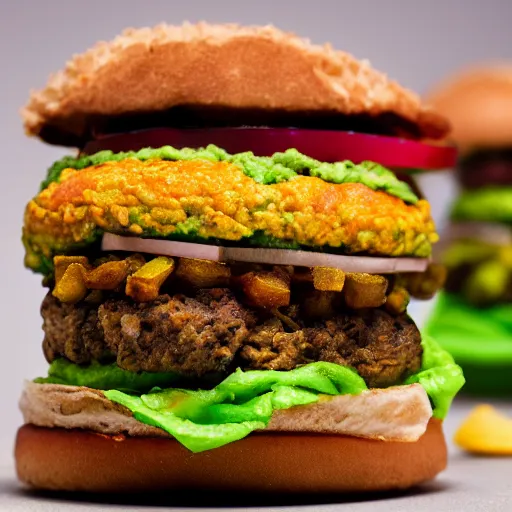 Image similar to vegan hamburger with guacamole and crispy fried onion and fried egg toppings, crispy buns, 8 k resolution, studio lighting, sharp focus, hyper - detailed