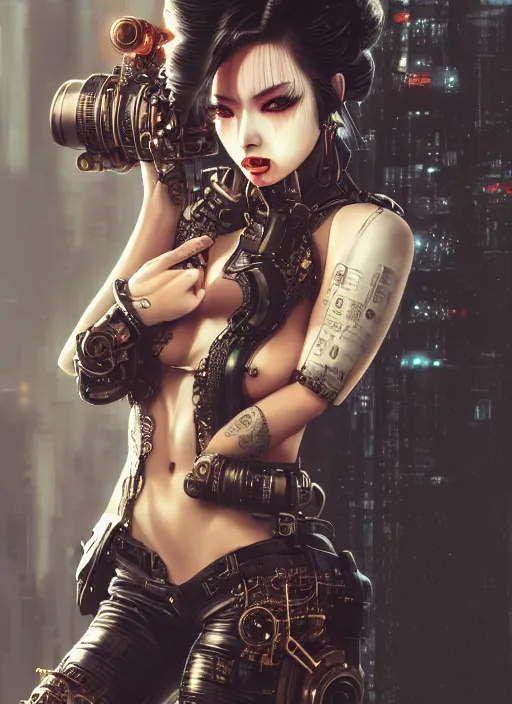 Image similar to soft lustrous ebony geisha seductive raver gutter punk steampunk cyborg, yakuza, golden ratio, details, scifi, fantasy, cyberpunk city, intricate, decadent, highly detailed, octane render, digital painting, artstation, concept art, sharp focus, illustration, art by artgerm, loish, wlop