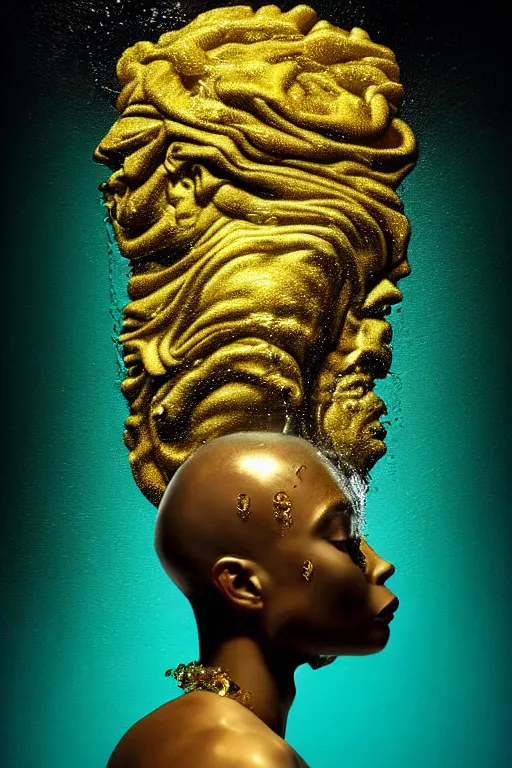 Image similar to hyperrealistic post - dada cinematic very expressive! profile black oshun goddess, head emerging from water, mirror dripping droplet!, gold flowers, highly detailed face, digital art masterpiece, smooth eric zener cam de leon, dynamic pearlescent teal light, low angle uhd 8 k, sharp focus