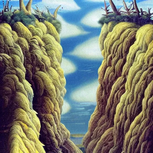 Image similar to painting of a lush natural scene on an alien planet by remedios varo. beautiful landscape. weird vegetation. cliffs and water.