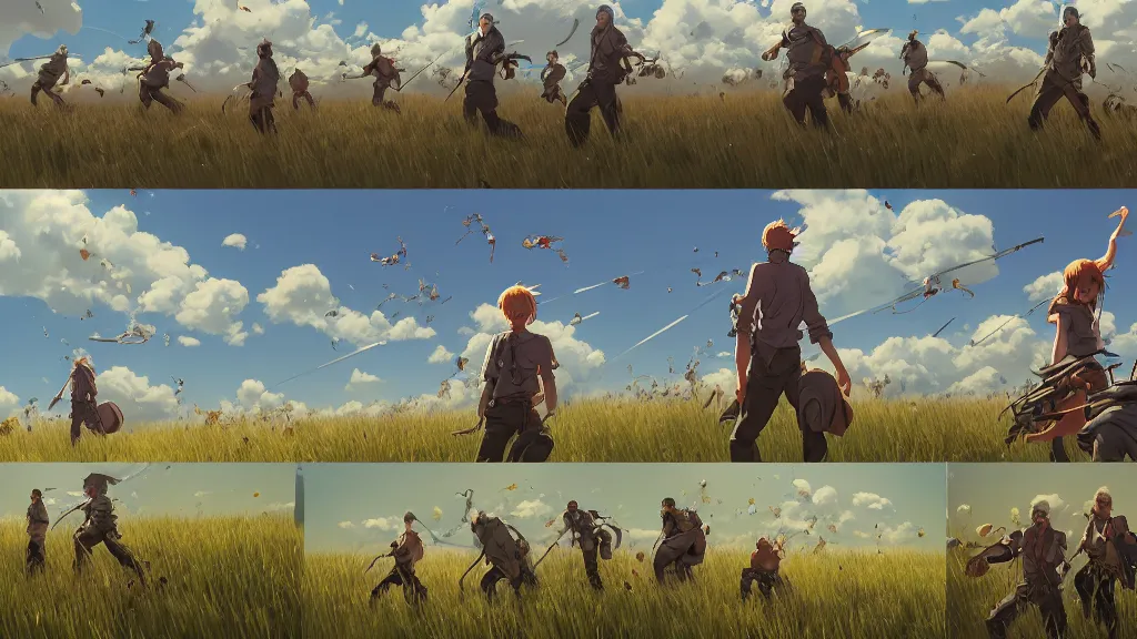 Image similar to highly detailed comic spread combination of art styles depicting an impactful action scene on open meadow clear sky at noon with expert design fictional characters, dynamic art by sakimi, bright colors, moebius, makoto shinkai, murata, james jean, craig mullins, digital painting, masterpiece, best selling, pixiv, volumetric lighting, realistic shaded lighting, 8 k