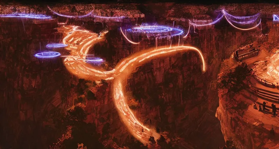 Image similar to night, a lot of people and a spiral - shaped white luminous attractor is floating in grand canyon, concept art, art for the game, professional lighting, art