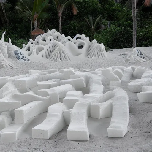 Prompt: jungle made of styrofoam on beach