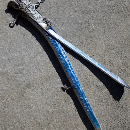 Image similar to bluestone flamberge, a huge two-handed sword with a wavy blade and large cross guard, nearly six feet long. It has a faint blue sheen, and radiates a sense of unease. The style and decoration of the sword would place it at approximately 300 years old, but the alloy is highly unusual.