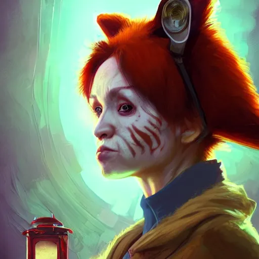 Image similar to red panda as female doctor character, digital illustration portrait design, by android jones and greg rutkowski, retrowave color scheme, detailed, cinematic lighting, wide angle action dynamic portrait