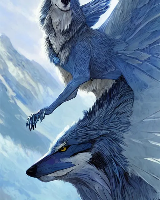 Image similar to blue feathered wolf with wings on a beautiful fantasy landscape, hills, mountains, moonlit, hd, illustration, epic, d & d, fantasy, intricate, elegant, highly detailed, digital painting, artstation, concept art, smooth, sharp focus, illustration, wallpaper, art by artgerm and greg rutkowski and alphonse mucha and jin xiaodi