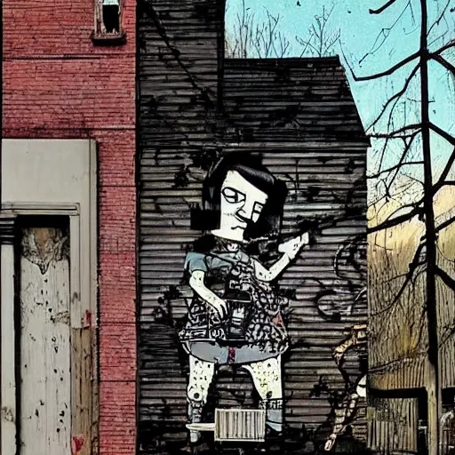 Prompt: A beautiful street art of an old, abandoned house. by Ravi Zupa, by Matt Groening, by Brian K. Vaughan unified