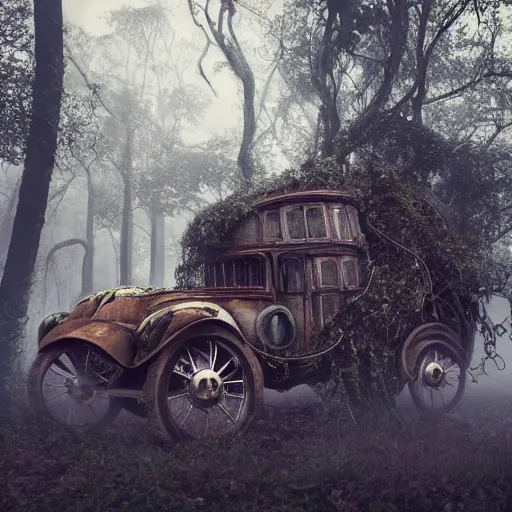 Prompt: magnificent steampunk vehicle abandoned in lush forest with vines hanging from tree branches, fog, desaturated, beautiful, creepy ambiance, 4k, sharp focus, highly detailed