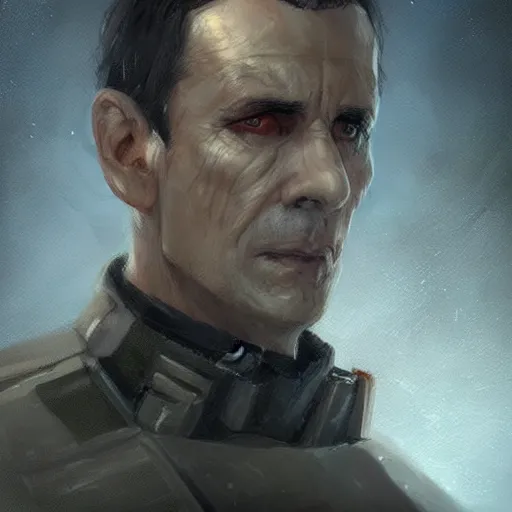 Image similar to portrait of a man by greg rutkowski, blue skin, short black hair in military style, tall, star wars expanded, universe, he is about 5 0 years old, wearing white colored imperial admiral uniform, artstation hq