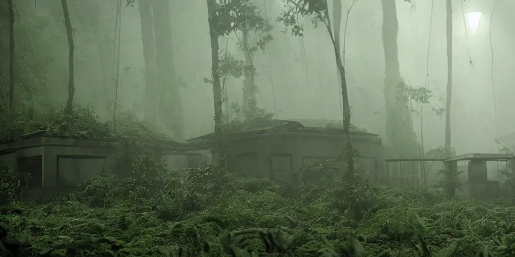 Image similar to film still of a dark spooky scientific research outpost with complicated machinery in a moist foggy jungle, science fiction, ridley scott, lights through fog, futuristic outpost building, wet lush jungle landscape, dark sci - fi, 1 9 8 0 s, beige and dark atmosphere, ridley scott