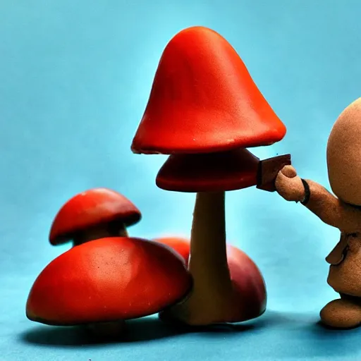 Prompt: a claymation mushroom holding a cardboard sword