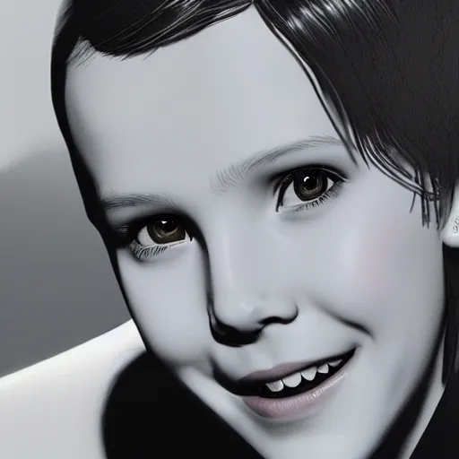 Prompt: Portrait of Millie Bobby Brown smiling by Yoji Shinkawa, octane render