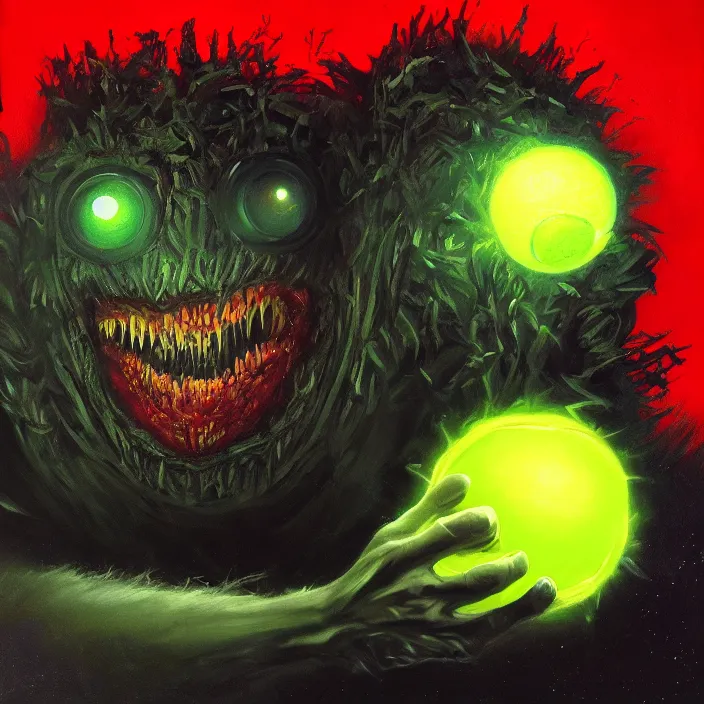 Image similar to cinematic portrait of a tennis ball monster in the abyss of space, oil on canvas, masterpiece, trending on artstation, featured on pixiv, cinematic composition, dramatic pose, beautiful lighting, sharp details, hyper-detailed, HD, HDR, 4K, 8K, art by Basil Gogos