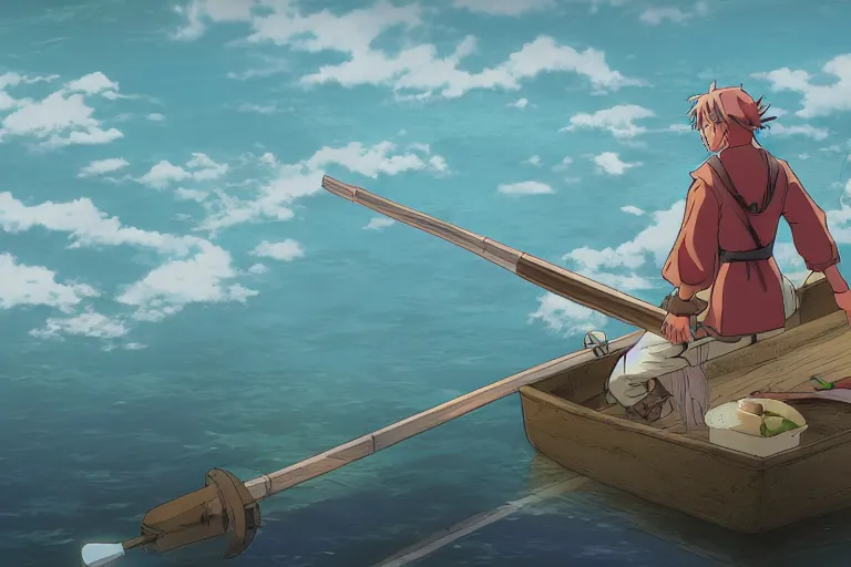 Prompt: cell shaded anime key visual of a fantasy isekai fisherman on a lake in the style of studio ghibli, moebius, makoto shinkai, dramatic lighting