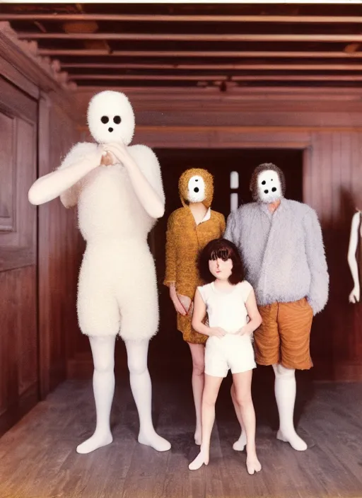 Image similar to realistic photo of the family wearing fluffy shorts, faceless, no face, polished and fancy, standing in the wooden expensive interior room full of wooden bird idol sculptures 1 9 9 0, life magazine reportage photo