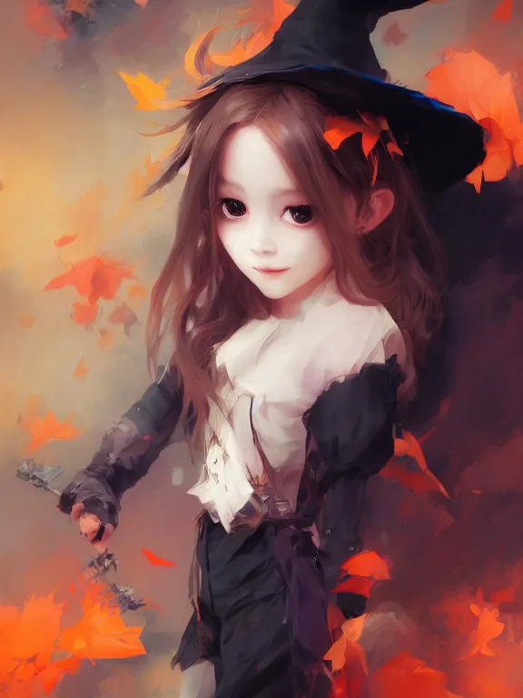 Image similar to Portrait of a cute mischievous young witch about to get up to some trouble. Black and Orange palette. By Ruan Jia and Artgerm and Range Murata and WLOP and CLAMP. Key Art. Fantasy Illustration. award winning, Artstation, intricate details, realistic, Hyperdetailed, 8k resolution.