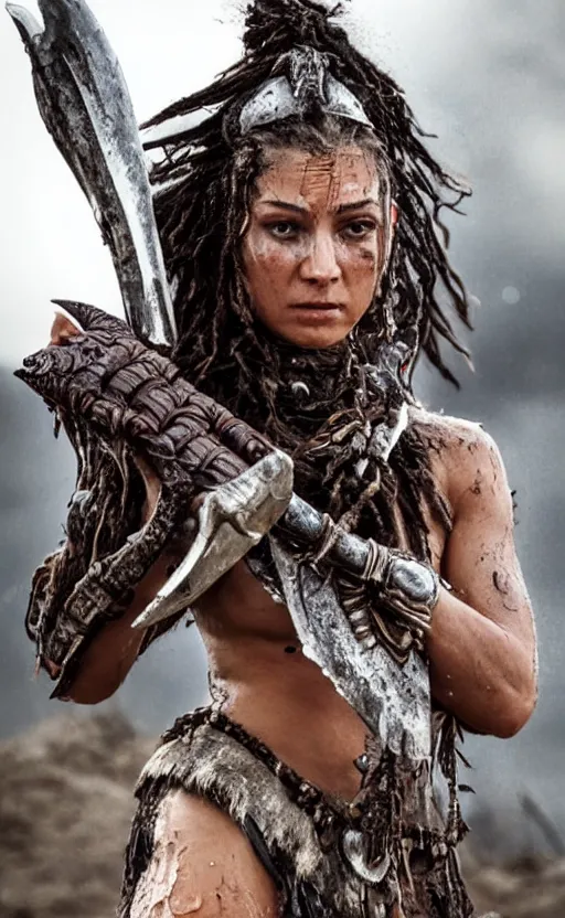 Image similar to wet ancient princess tribeswoman in battlerage, destroyed armor inspired by monster hunter, low shot, muscular body, symmetrical face, clean face, subtle make up, destruction around her, frozen time,dramatic lighting, cinematic, establishing shot, extremely high detail, photorealistic, 300 the movie,monster hunter the movie, dune the movie, cinematic lighting, artstation, octane render, western,old photo, vintage